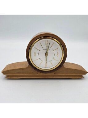 Phinney Walker Vintage Small Teak Wood Mantel Alarm Clock Germany Gold Accents
